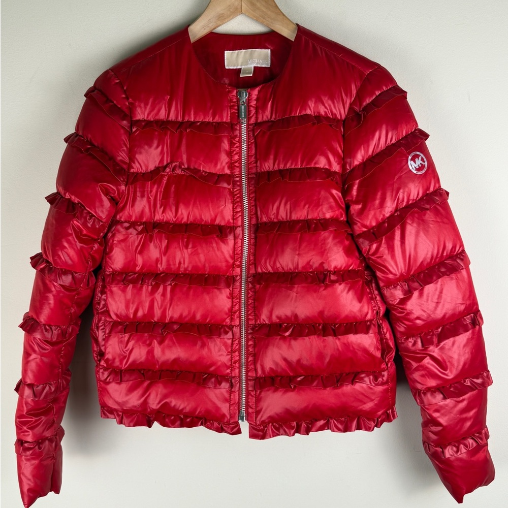 Michael Kors Red Ruffle Down Jacket EUC Size Small Pockets Holiday Christmas - Picture 1 of 16